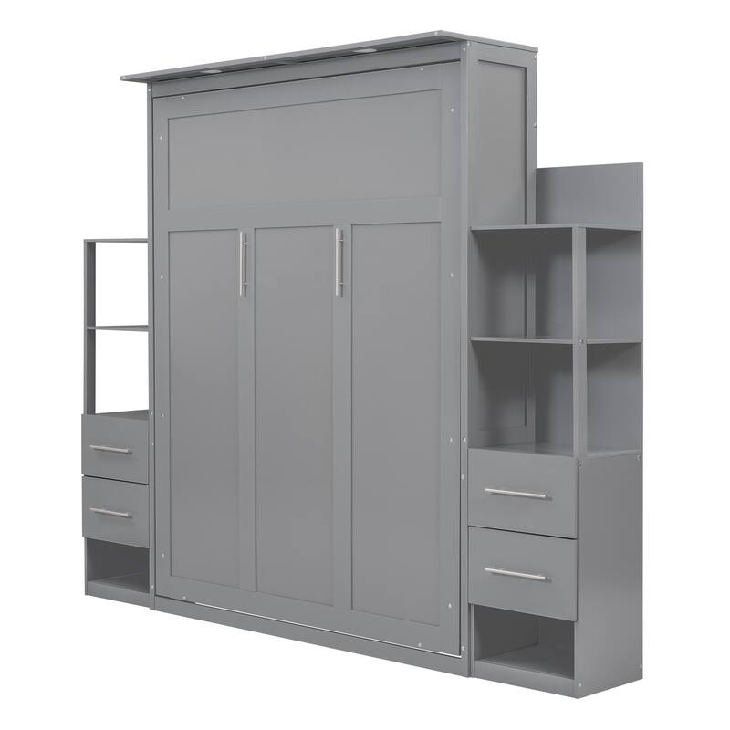 Murphy Bed Foldable Bed with Two 4-Layer Shelves Space Optimizing Wall Bed with 4 Drawers and LED Lights for Bedroom Apartment