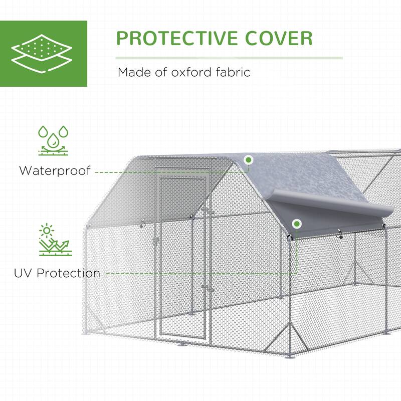 PawHut Large Chicken Coop Metal Chicken Run with Waterproof and Anti-UV Cover, Flat Shaped Walk in Fence Cage Hen House