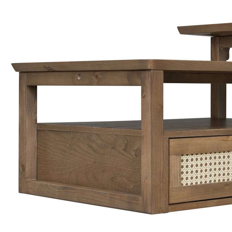 Modern Coffee Table, Coffee Table with 1 Storage Shelf, 2 Tabletops and 1 Rattan Drawer For Living Room