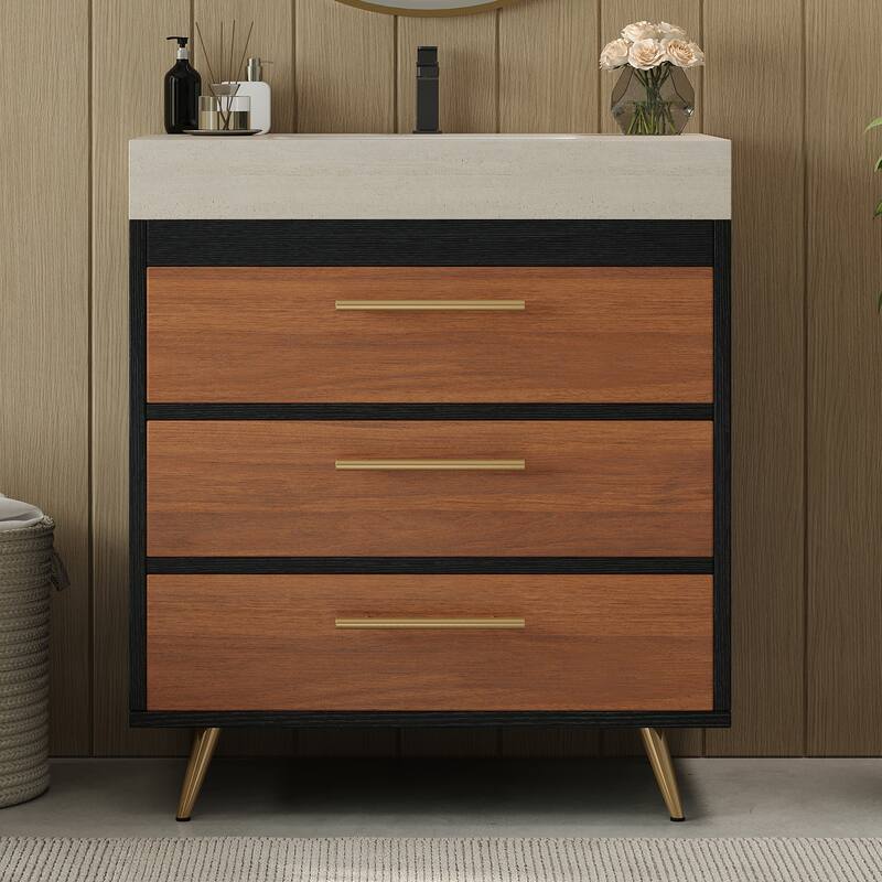 Modern Free-Standing Bathroom Vanity with Ceramic Vessel Sink & Durable Sintered Stone Top