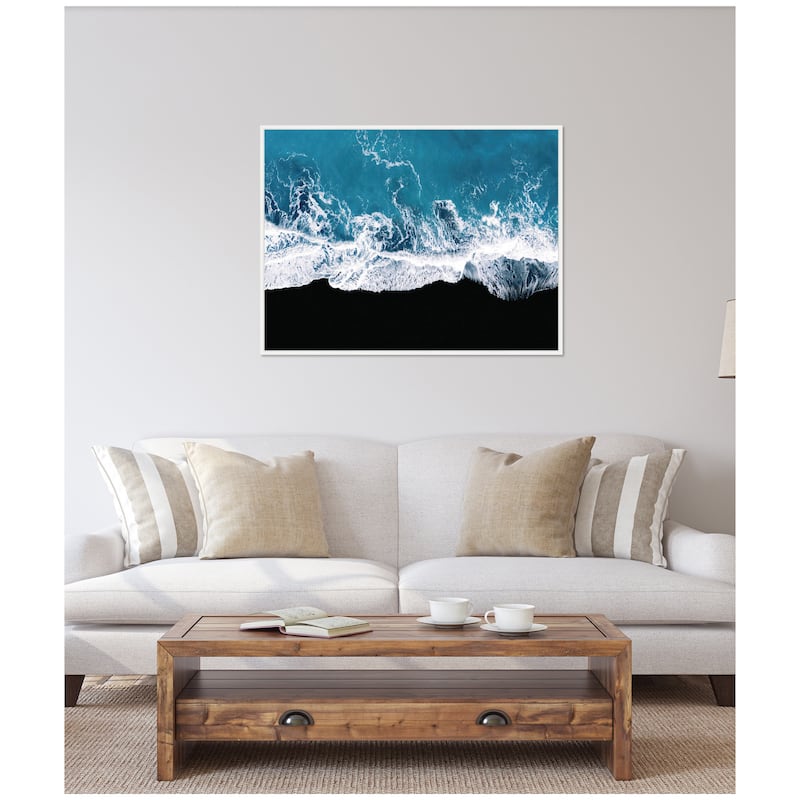 Kate and Laurel Sylvie Minimalist Ocean Waves on the Black Beach in Iceland Framed Canvas by Michael Schauer
