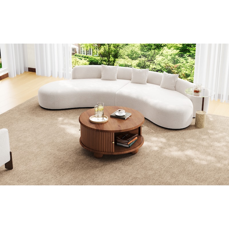 Round Coffee Table with Storage, 31.8" Modern Coffee Table with Sliding Door & Solid Wood Legs, Minimalist Center Table