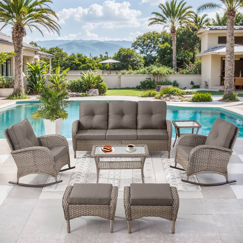 7 Pieces Rocker Chairs Sofa Ottomans Grey-Grey - Grey - Grey - Grey