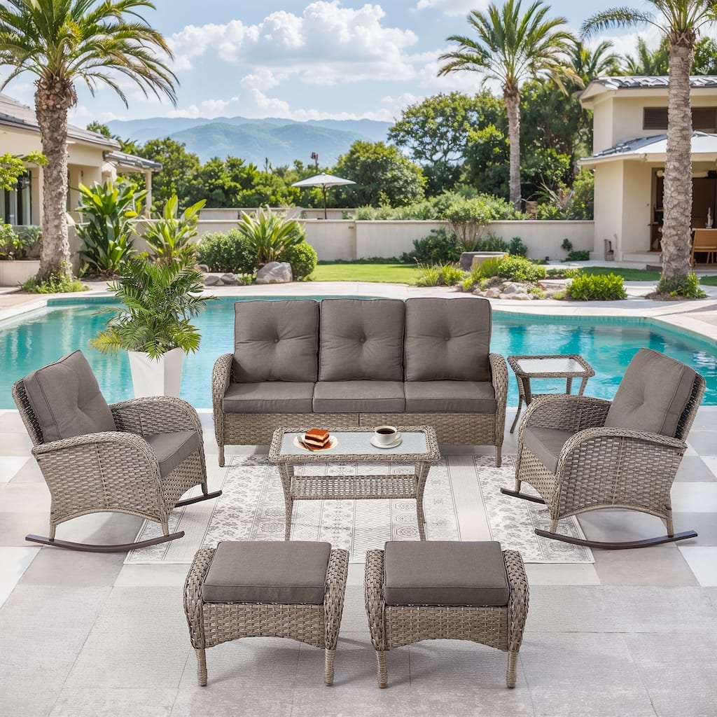 7 Pieces Rocker Chairs Sofa Ottomans Grey-Grey - Grey