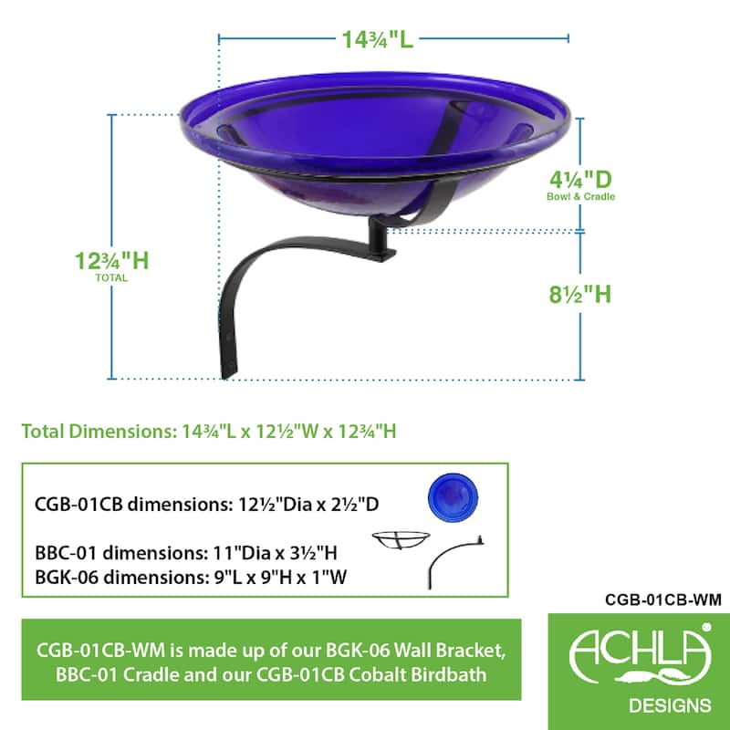 Achla Designs Reflective Crackle Glass Birdbath Bowl With Wall Mount Bracket, 12.5 Inch Diameter, Cobalt Blue