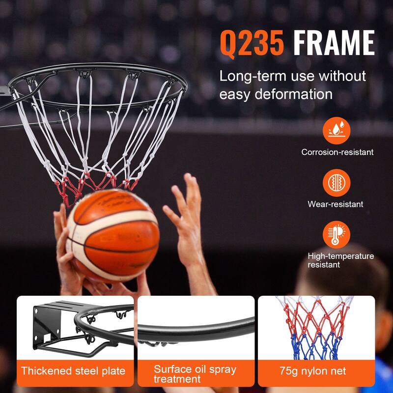 Black Heavy-Duty Wall Door Mounted Basketball Hoop with Net and Double Spring Suitable for Indoor or Outdoor Play