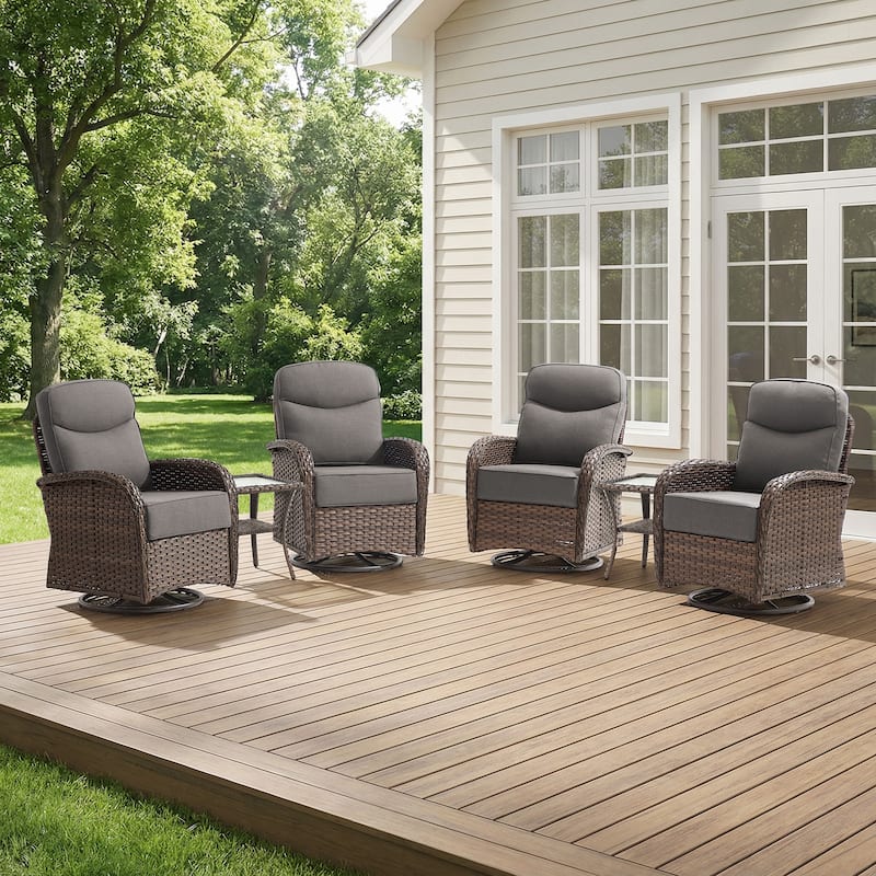 Pocassy Outdoor Sofa Swivel Chair and Ottman with Fire Pit Table - Brown Wicker Gray Cushion - 6-Piece Swivel Chair with Side Table
