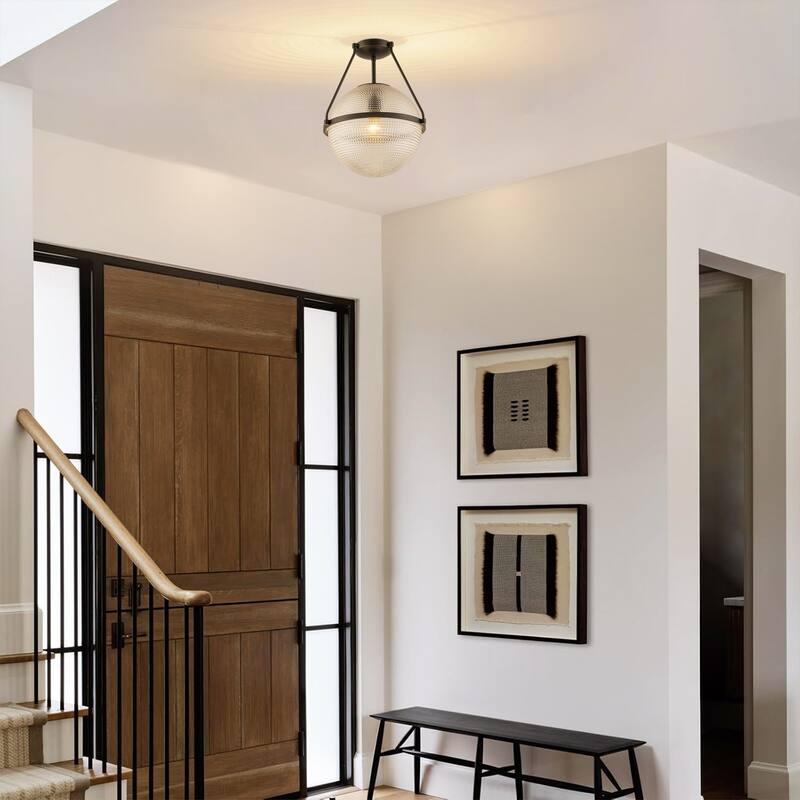 1-Light 14.17" Black/Gold Modern Textured Grid Glass Globe Semi-Flush Mount Light