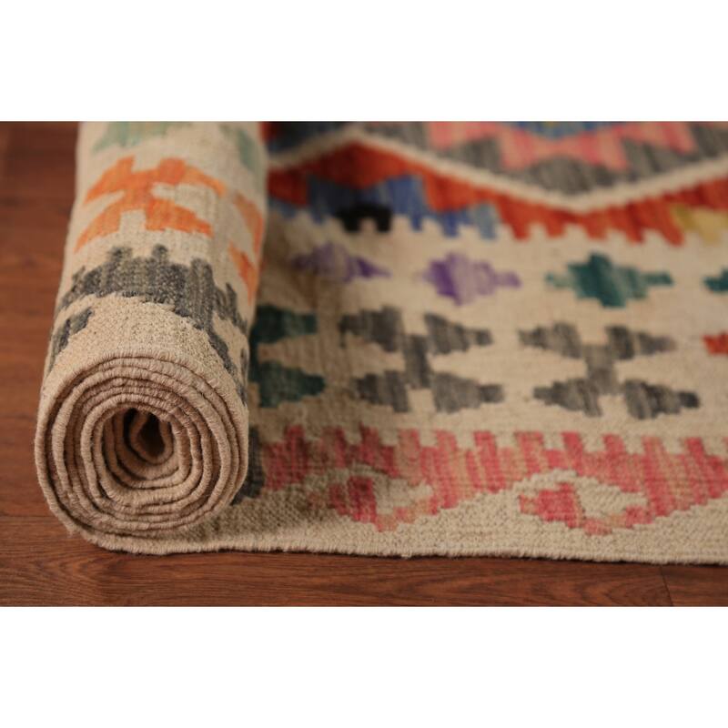 All-Over Geometric Kilim Oriental Area Rug Hand-Woven Wool Carpet - 8'8"x 11'3"