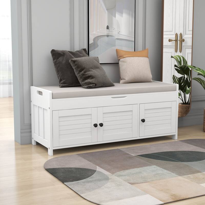 Storage Shoes Bench with 3 Shutter-shaped Doors and Removable Cushion - White