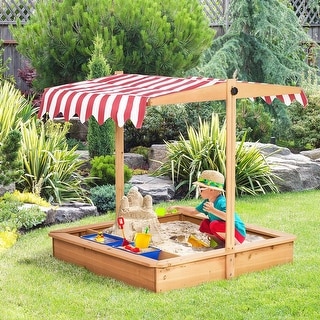 Kids Wooden Sandbox, Children Sand Play Station Outdoor, with Adjustable Height Cover