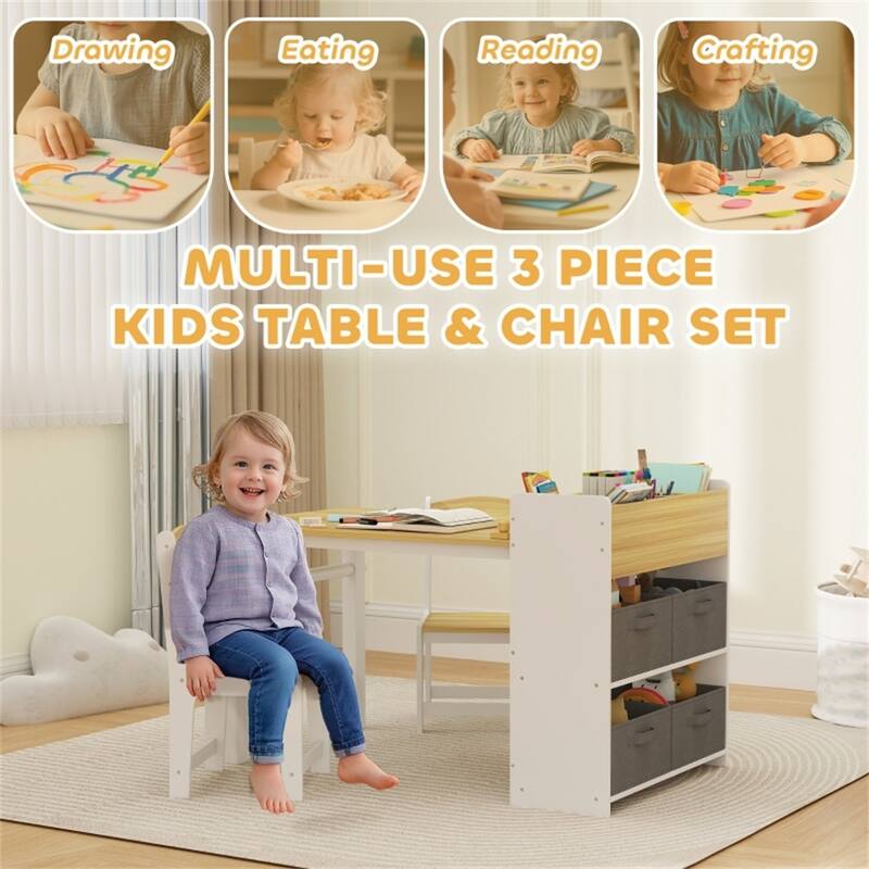 White Wooden Children’s Drawing and Craft Table Set with Paper Roll and Multiple Storage Compartments