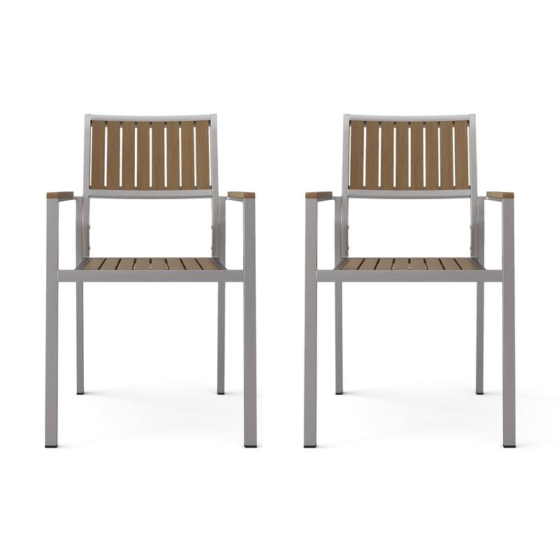 Roomfitters Outdoor Dining Armchairs Set of 2 with Slatted Wood Seat and White Aluminum Frame, Natural