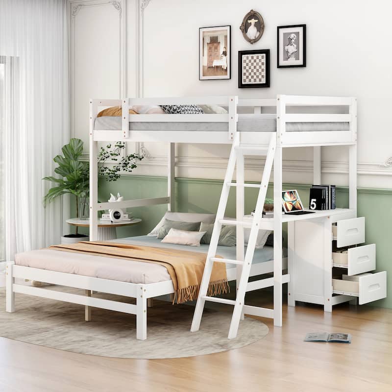 Twin Over Full Bunk Bed with Built-in Desk and Three Drawers, White - White