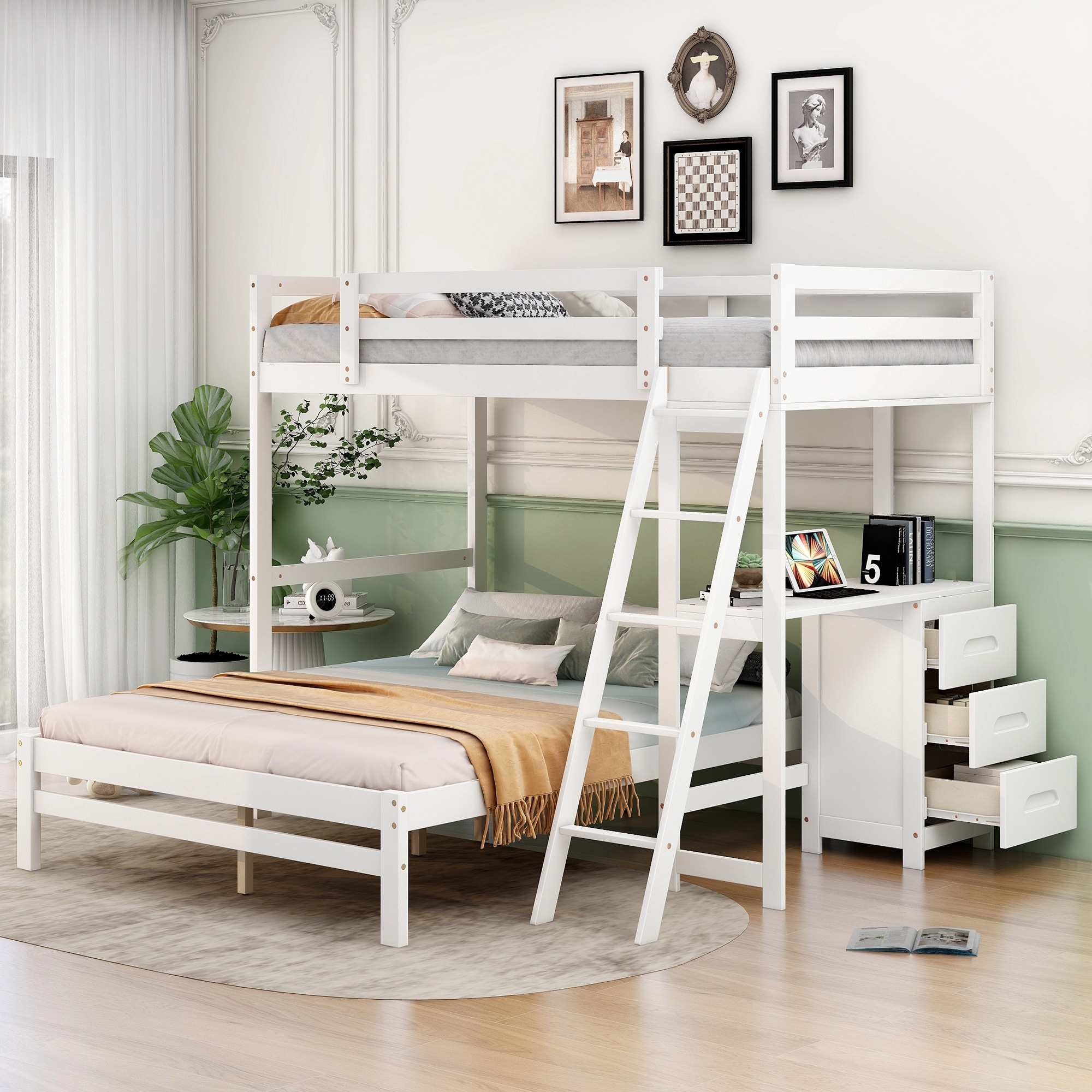 Twin Over Full Bunk Bed with Built-in Desk and Three Drawers, White