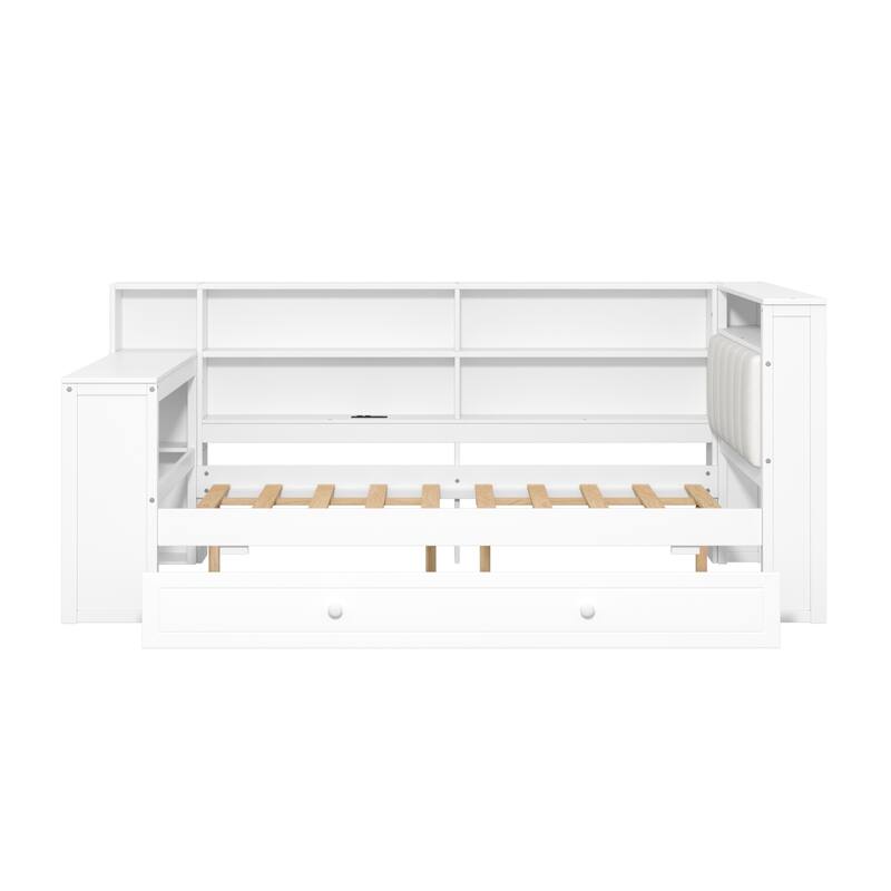 Roomfitters Twin/Full Platform Bed with Trundle, LED Headboard, Charging Station and Storage