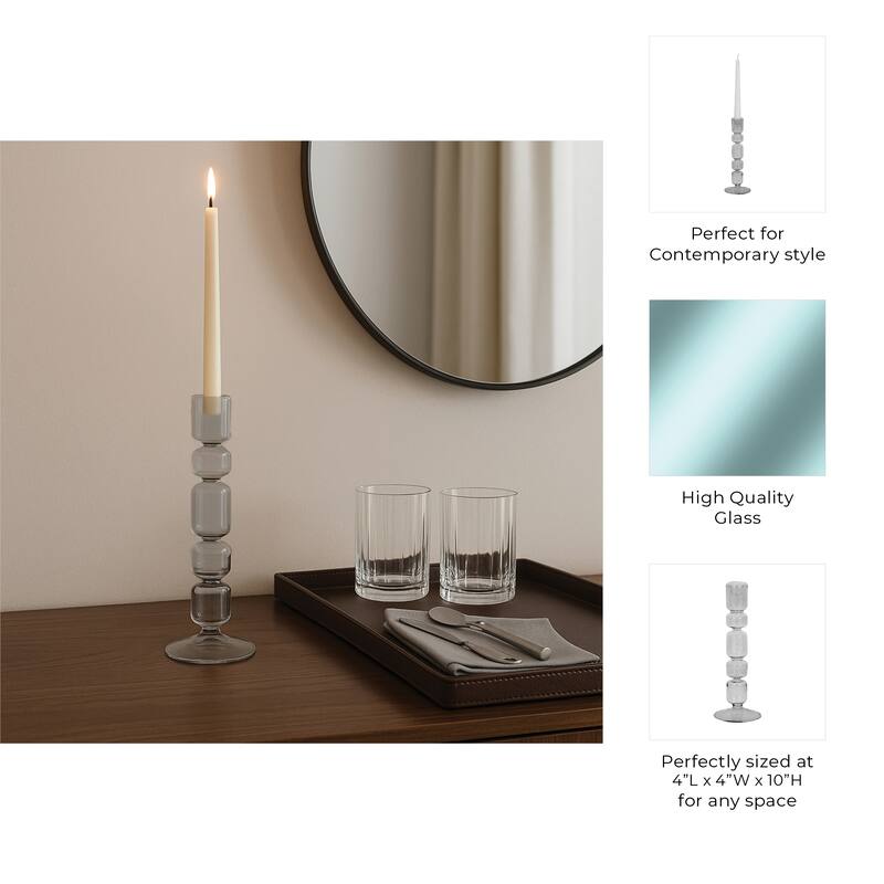 Modern Candle Holder with Stacked Sculptural Glass Base - Smoke