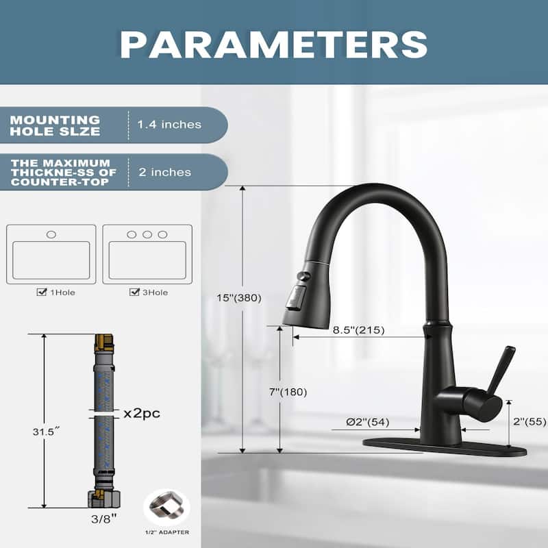 WOWOW Single Handle 3-Mode Pull Out Sprayer Kitchen Faucet