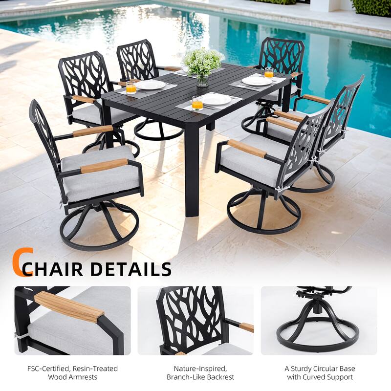 7 Piece Outdoor Aluminum Furniture Set with 6 Swivel Rocking Chairs and Rectangular Table, Patio Dining Set with Umbrella Hole