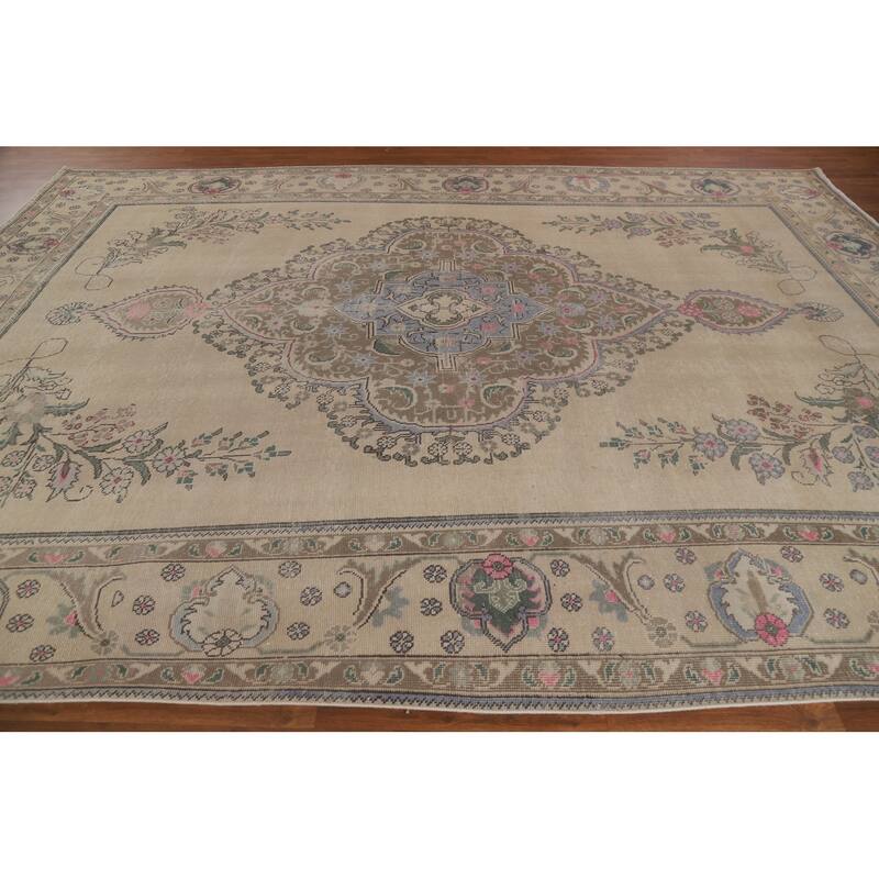 Distressed Geometric Tabriz Persian Rug Hand-knotted Wool Carpet - 9'8" x 12'11"