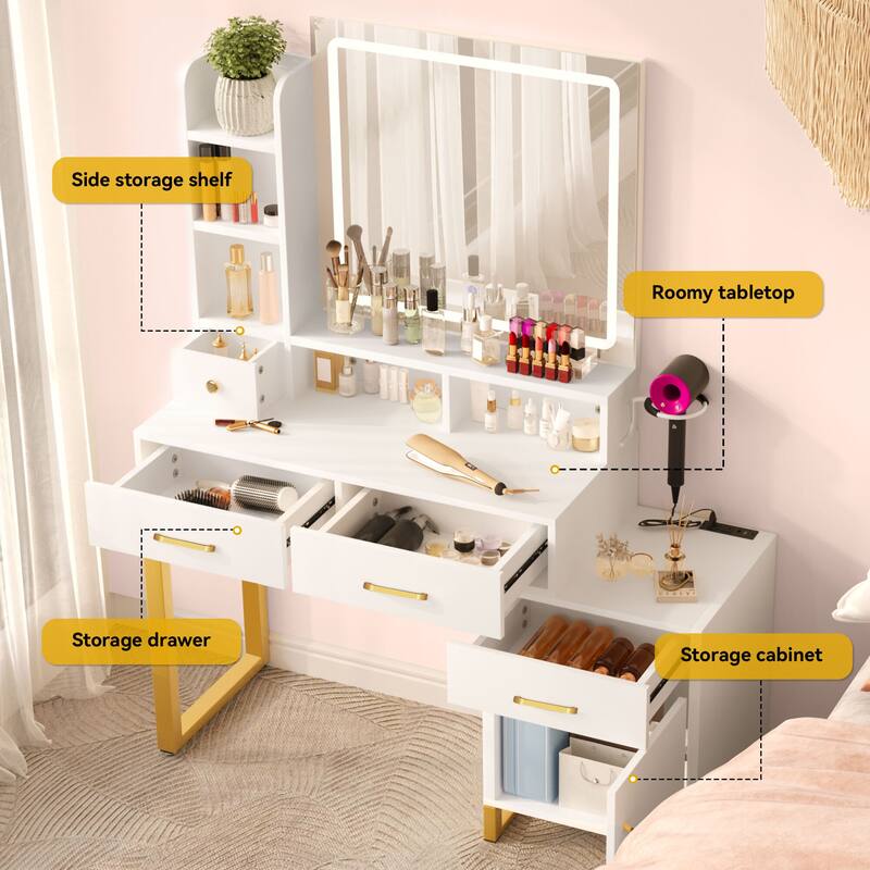 42.1" Mirror Makeup Vanity Table with Stool and Light Strip - 42.1''L x 15.3''W x 53.9''H
