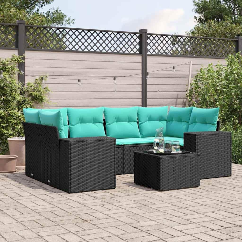 vidaXL 7 Piece Patio Sofa Set with Cushions Black Poly Rattan - 24.4" x 24.4" x 27.2"