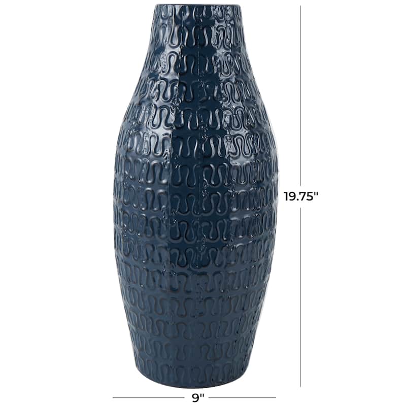 Dark Blue Metal Dimensional Textured Decorative Vase with Wavy Pattern
