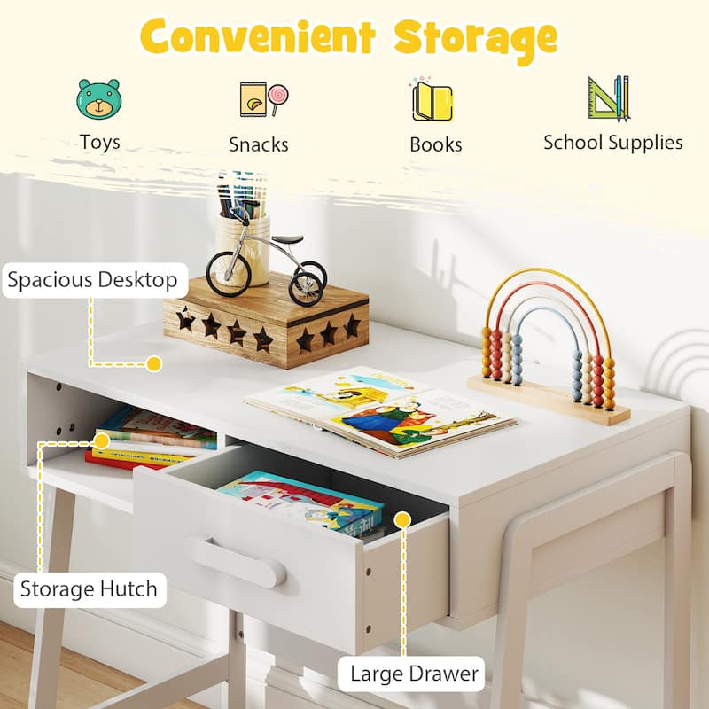 Kids Study Table and Chair Set with Storage Drawer and Hutch and Pine Wood Frame for 3 Over Years Old - 33.5" x 19" x 27.5"