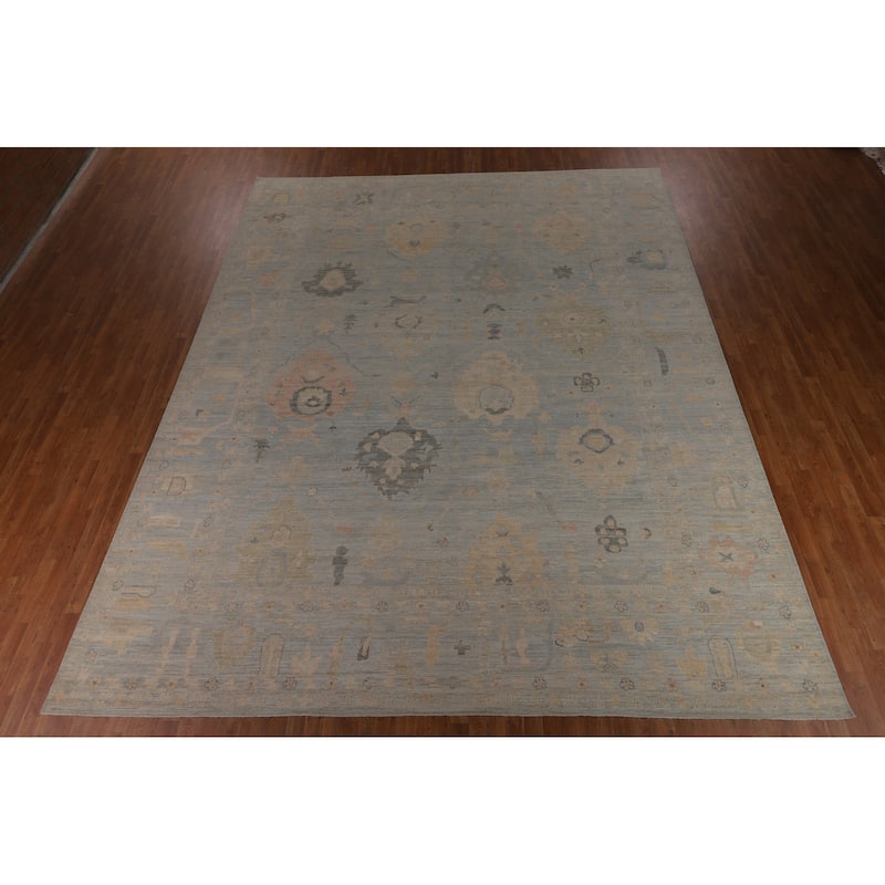Blue Oushak Turkish Large Area Rug Hand-Knotted Wool Carpet - 12'1"x 14'9"