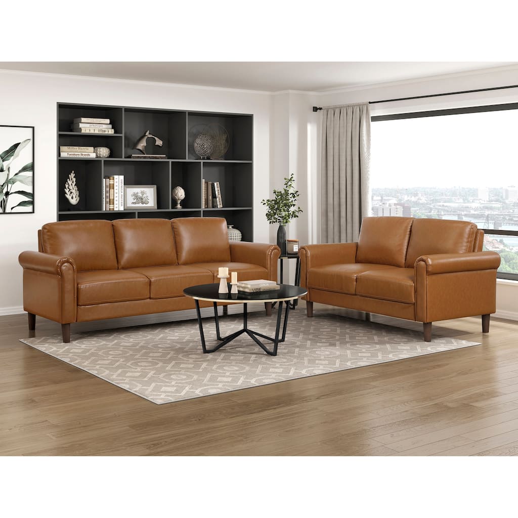 Frances Faux Leather 2-Piece Living Room Set - Brown Finish Feet