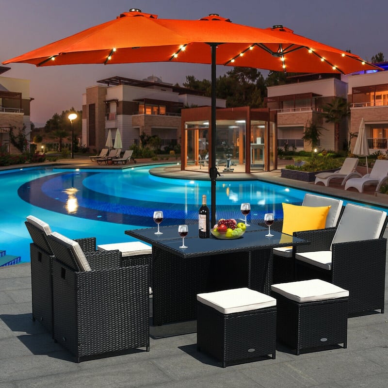 15 Ft Patio LED Crank Solar Powered 36 Lights Umbrella - 15 Ft x 8 Ft (W x H)