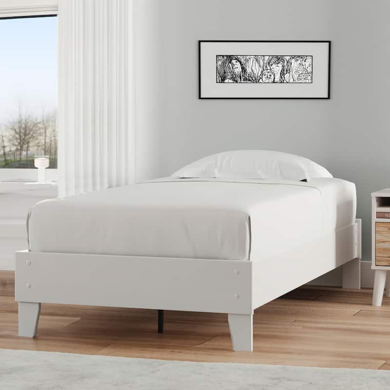 Asher Modern Twin Size Platform Bed, Minimalistic Crisp White Wood Base