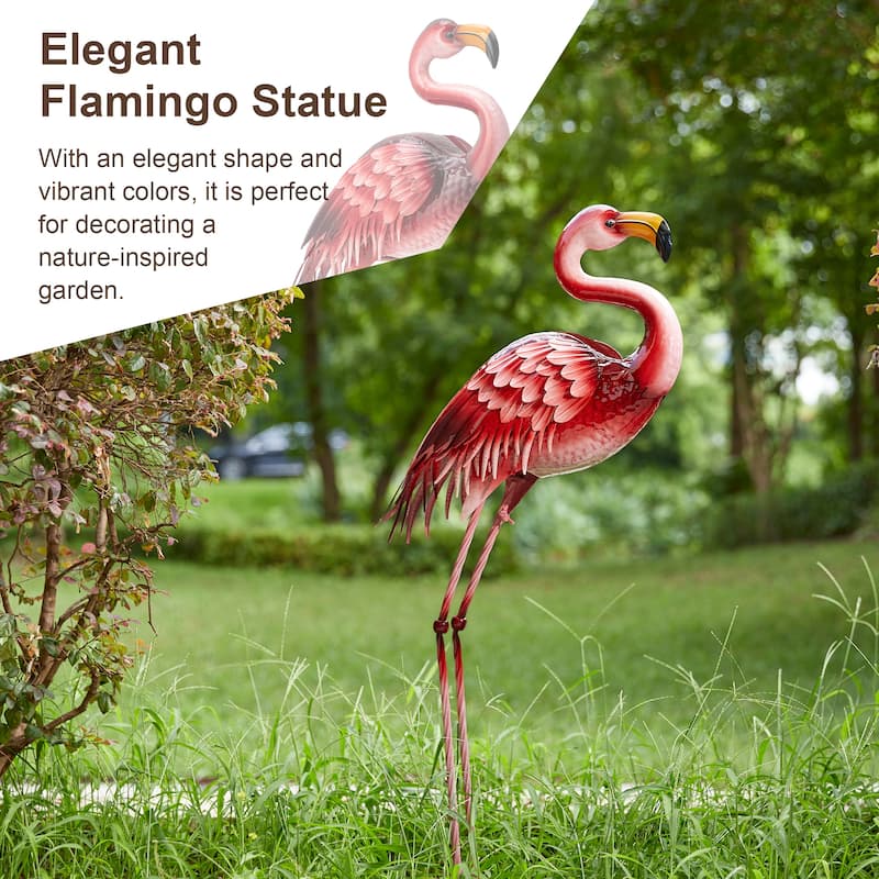Glitzhome Metal Standing Crane Flamingo Garden Statue with Stakes Yard Art Sculpture Porch Decor