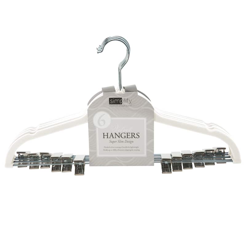 Simplify 6 Pack Velvet Hangers with Clips in White - 0.16" x 16.93" x 9.06"