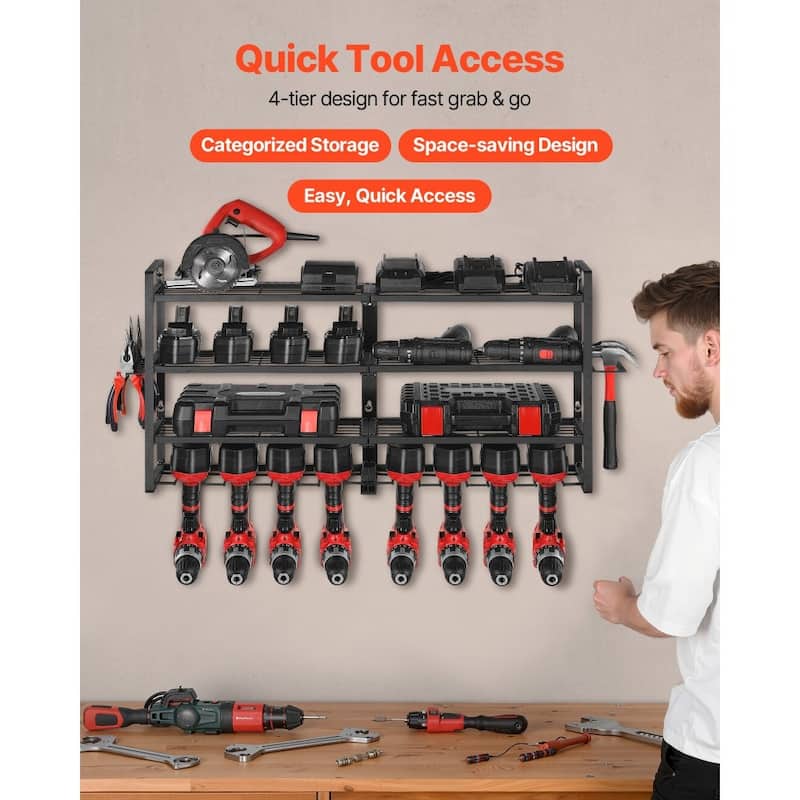 4-Tier Wall-Mounted Tool Organizer Rack with 8 Slots and Hooks for Garage Workshop Storage - 36.56 x 7.87 x 16.54 in