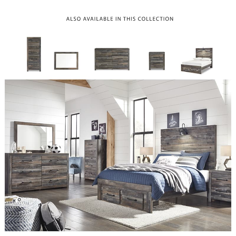 Drystan Rustic Brown Panel Bed with Footboard Storage Drawers
