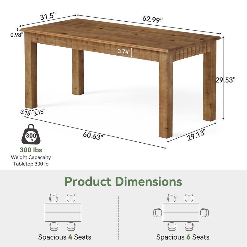 63 Inch Solid Wood Dining Table for 6 - 62.99" L x 31.5" W x 29.53" H