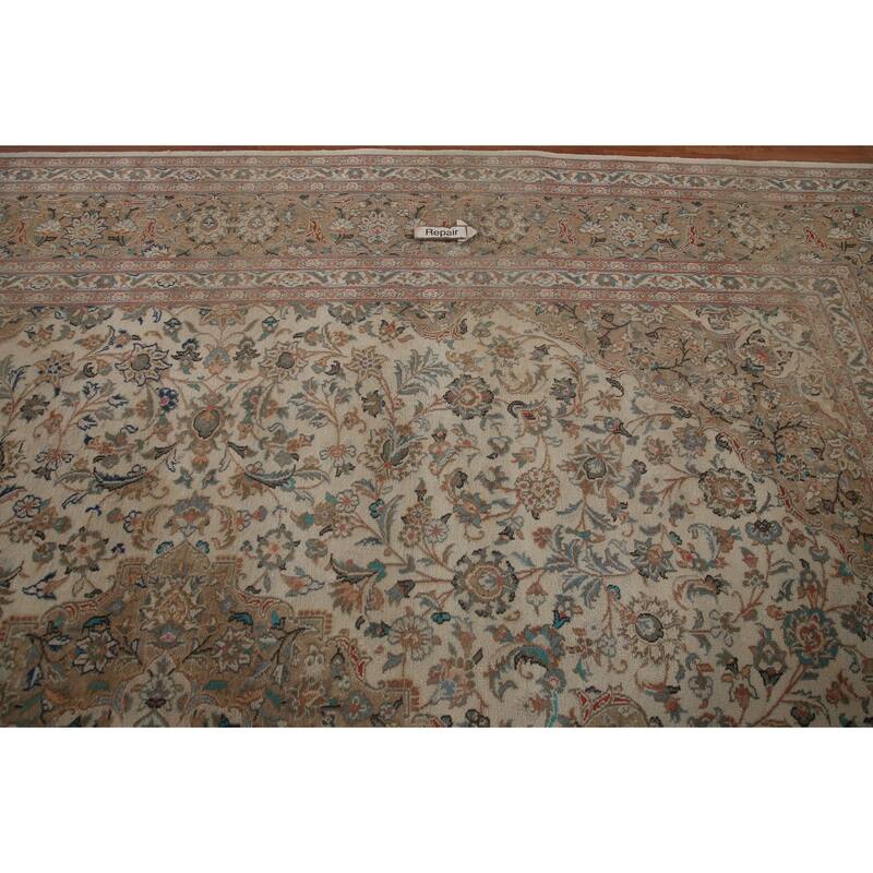 Hand Knotted Oriental 100% Wool Carpet Traditional Floral Beige & Ivories Kashan Area Rug - 12' 8'' X 9' 10''