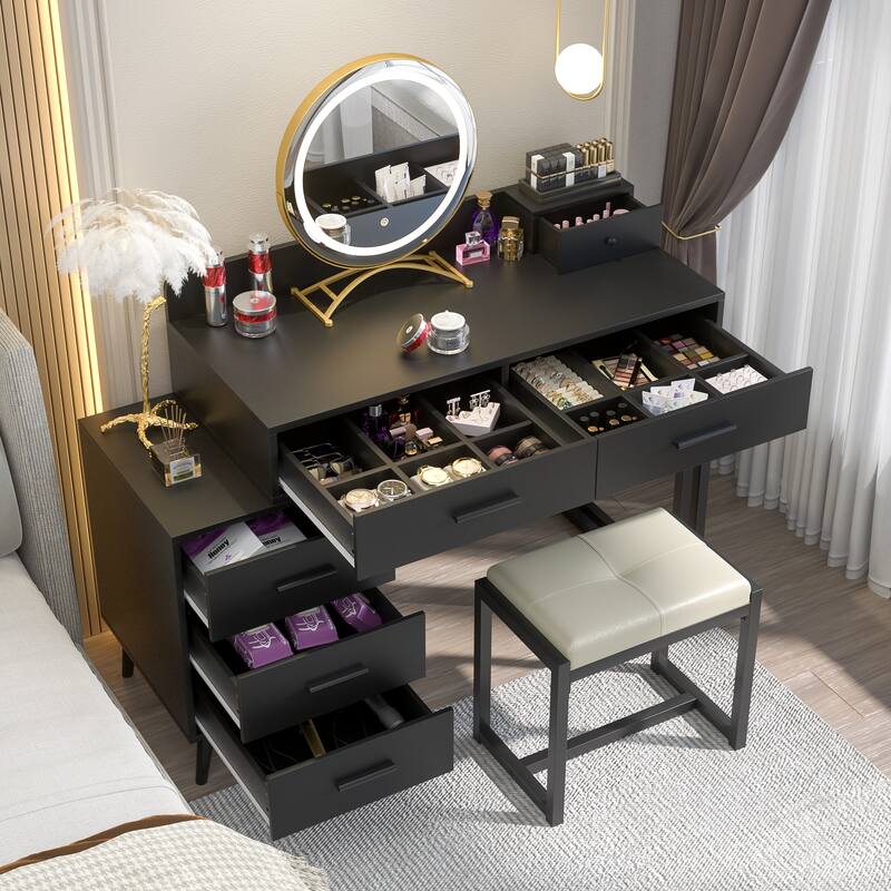 Makeup Vanity Desk with Stool and LED Mirror, Modern Makeup Table Vanity Desk with 6 Storage Drawers
