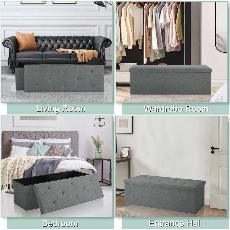 Javlergo 15" Foldable Storage Ottoman, Tufted Linen Foot Rest Stool/Seat Toy Chest