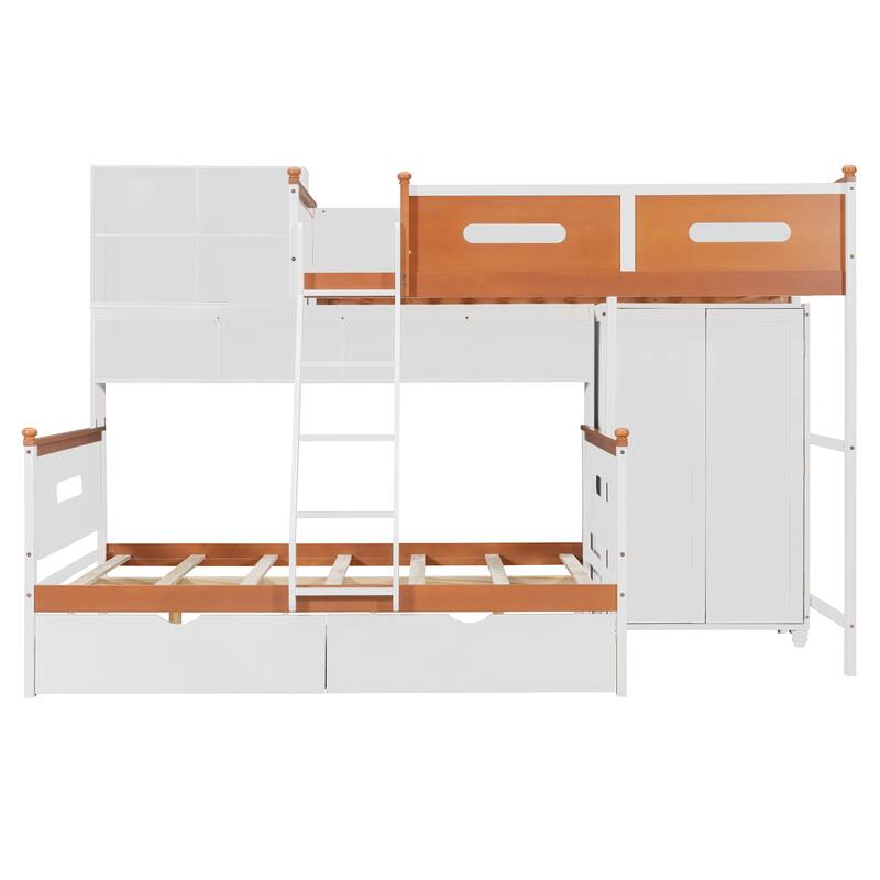 Twin Over Full Bunk Bed with Wardrobe, Drawers and Light Strip, Solid Wood Loft Bed and Platform Bed for Kids Teens Adults