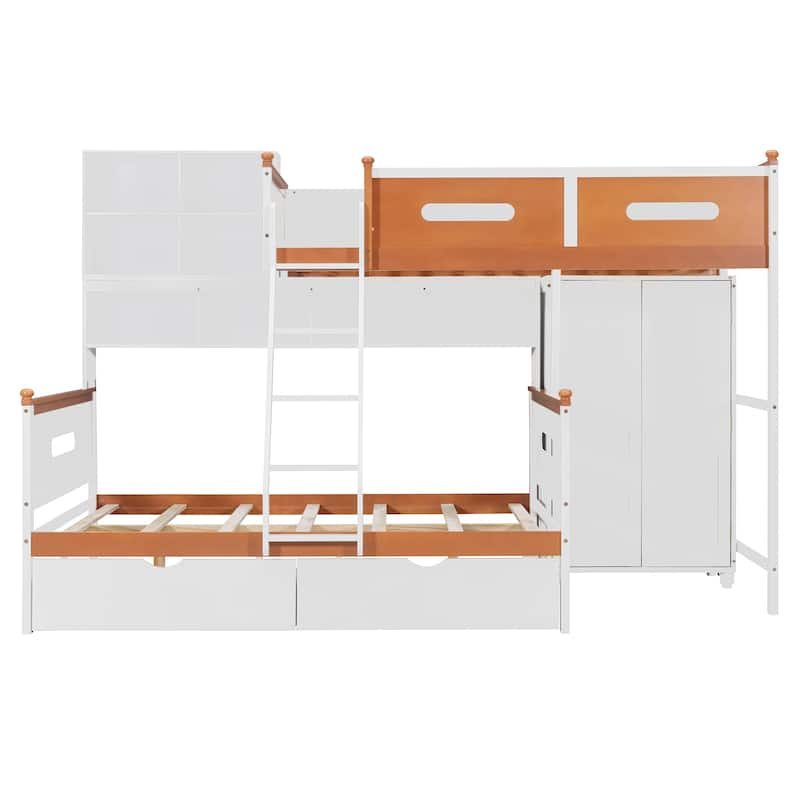 Twin Over Full Wooden Bunk Bed With Wardrobe, Drawers, Shelves And Led Light