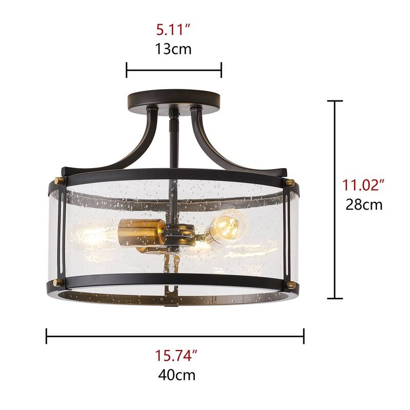 Farmhouse Matte Black 3-Light Semi Flush Mount Ceiling Lighting Fixture with Drum Seeded Glass Shade