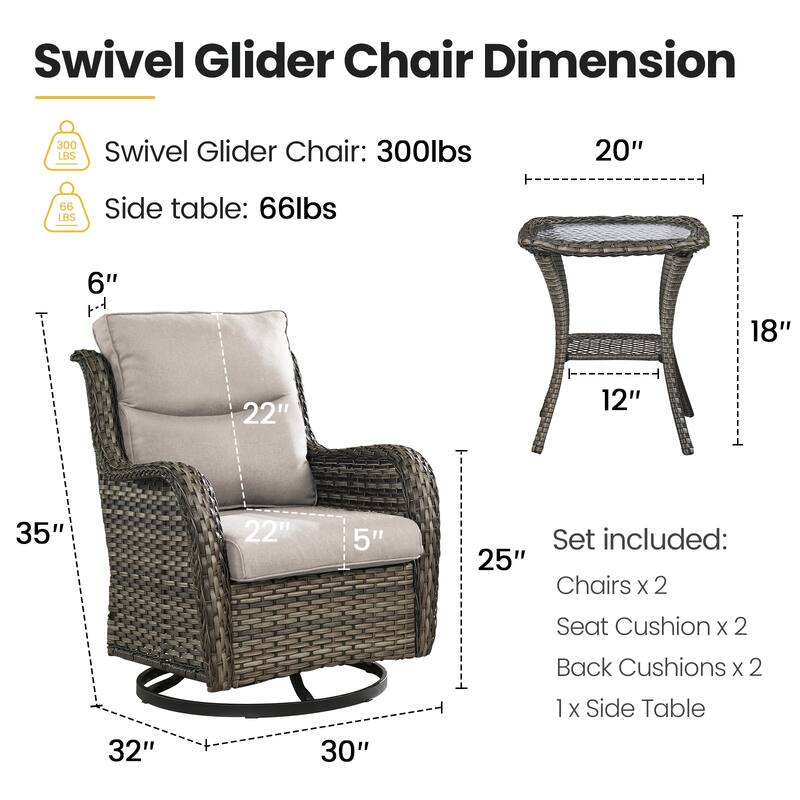 Gymojoy Outdoor Wicker Swivel Glider Chairs with 5" Cushions