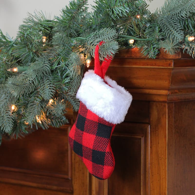 7" Red and Black Plaid Print Christmas Stocking with Faux Fur Cuff