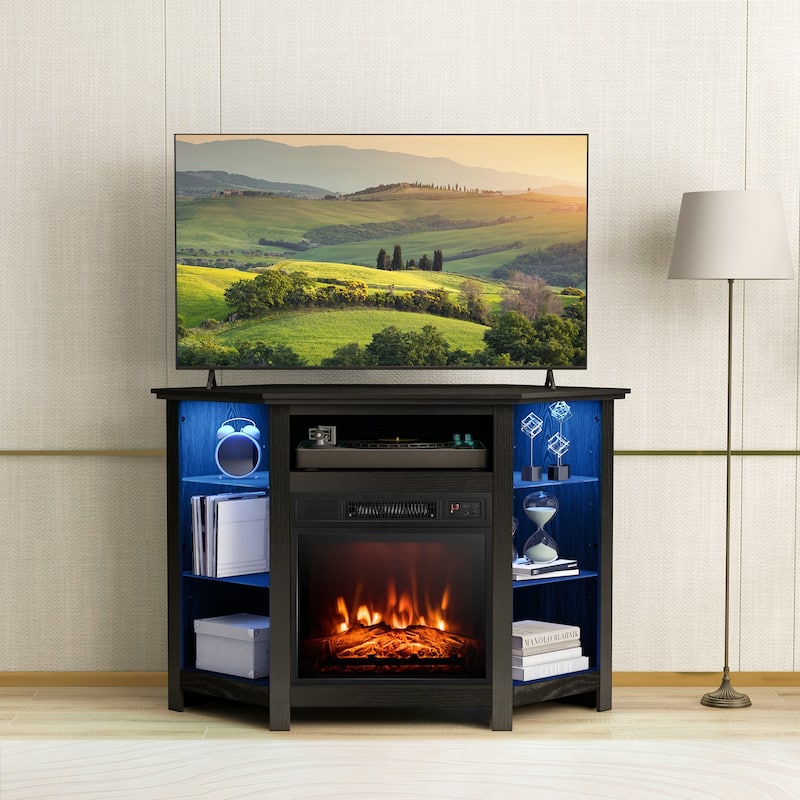 Electric Fireplace Corner TV Stand with LED Lights and Adjustable Glass Shelves - 45" x 22" x 30"