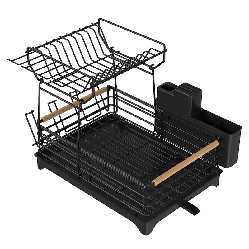Double-Layer Dish Rack with Bamboo Handle