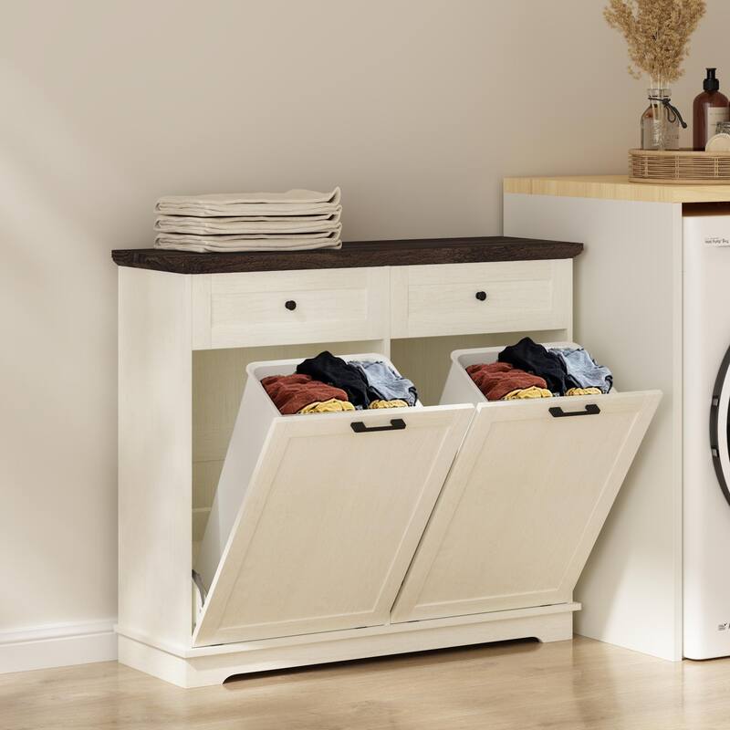 20 Gallon Double Tilt Out Trash Can Cabinet Freestanding Trash Bin Cabinet Wood Garbage Recycling Cabinet with Hideaway Drawer