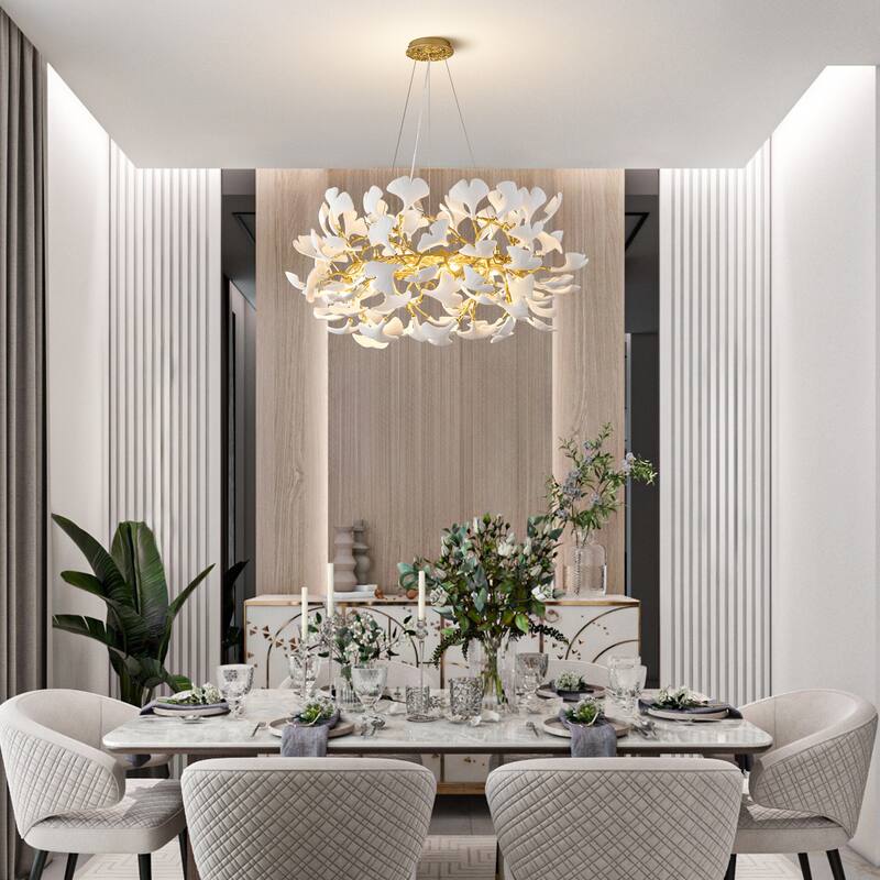 Modern Ginkgo Leaf Ceramic Chandelier, Moon Ring Round Pendant Light, D550-D1200, Gold Finish