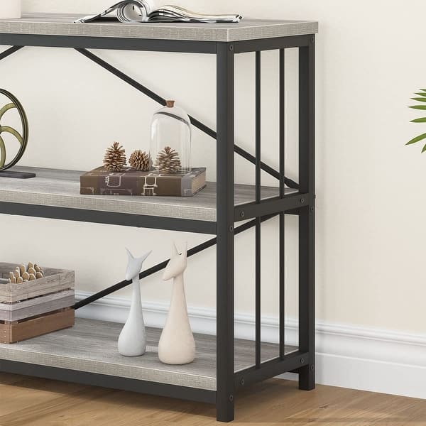 Low Long Horizontal Bookshelf, Industrial Modern 3 Tier Etagere Bookcase, Large Wide Open Rustic Metal and Wood Grey Book Shelf - Bed Bath & Beyond